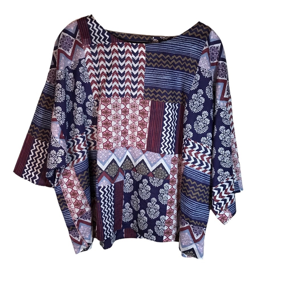 Pure Jill top women M patchwork lightweight 3/4 sleeve organic loose fit hippie